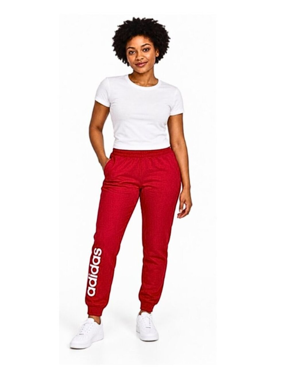 Adidas Red Jogger Pants with White Logo, Excellent Condition